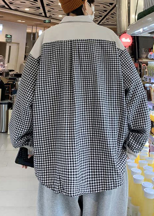 Lose Grau Peter Pan Kragen Falsche Zwei Stücke Patchwork Baumwolle Männer Shirts Herbst RO011