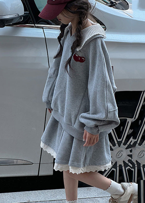 Lockerer grauer V-Ausschnitt-Baumwollpullover und Röcke für Kinder, zweiteiliges Set, Frühling, TV026