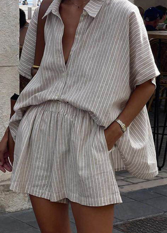 Pieces Khaki Pan Two Striped Loose Shirts And Shorts Collar Peter