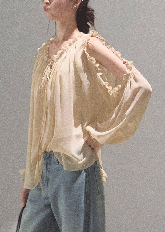 Khaki Loose Up Ruffled Chiffon Lace Shirts Fall