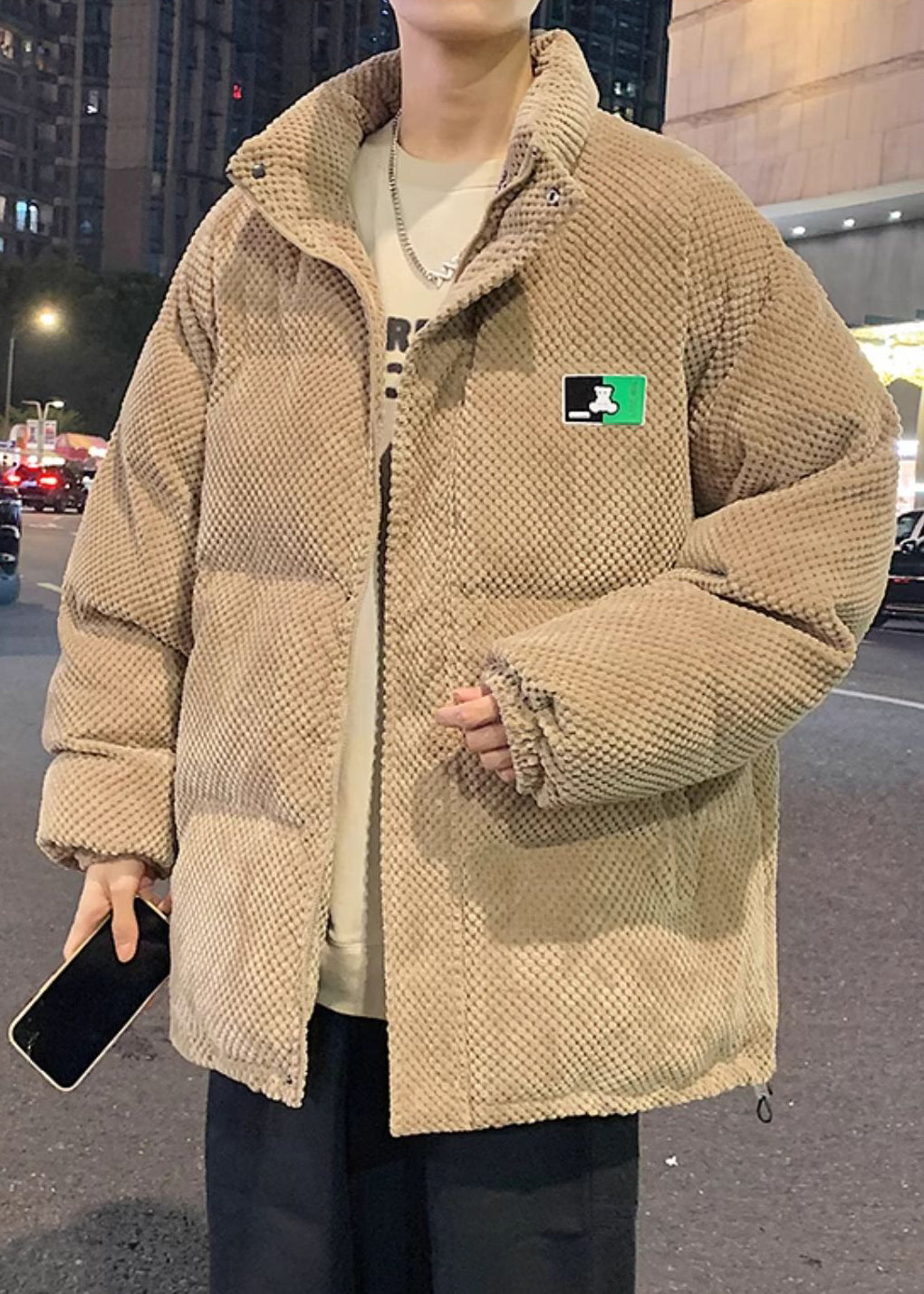 Lose Khaki Stehkragen Zip Up Taschen Männer Parka Winter RM010