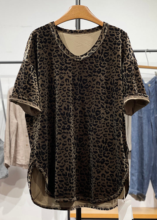 Open Neck Leopard Loose Shirt Velour Side O Silk Summer T