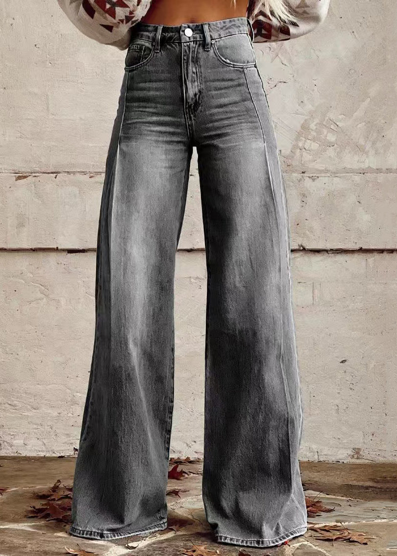 Pantalon ample taille haute en denim bleu avec poches à boutons légers