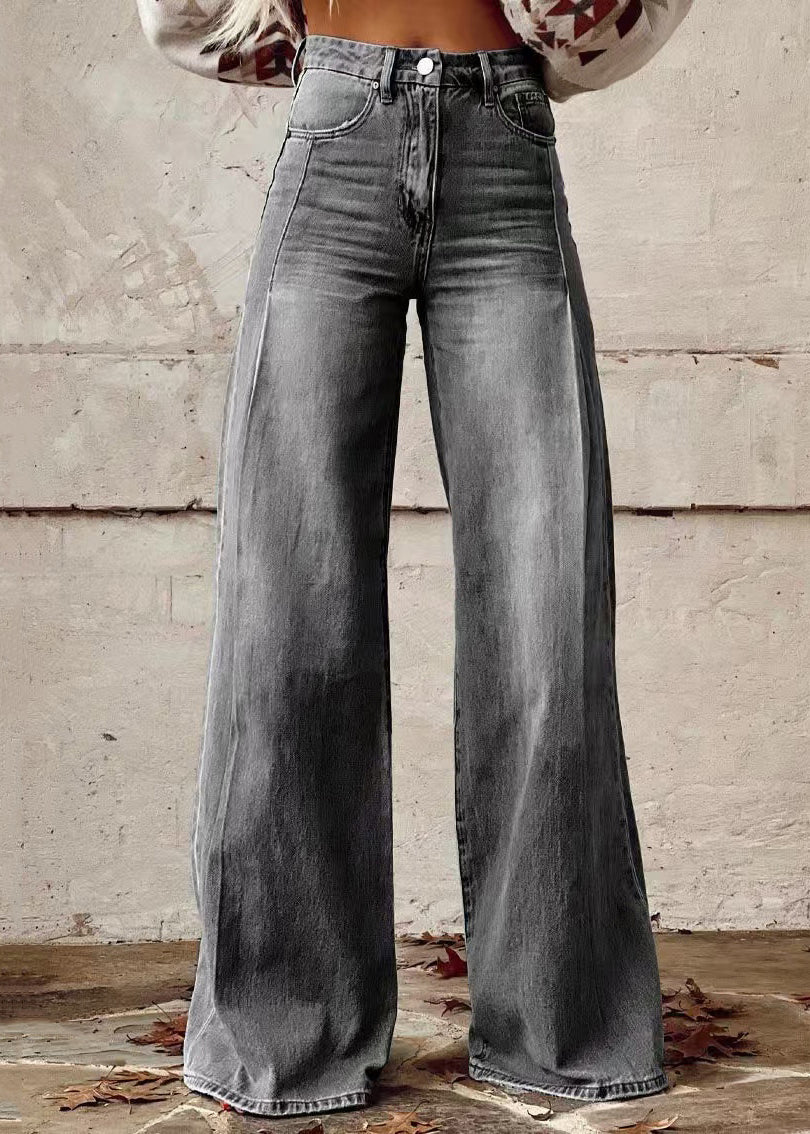 Pantalon ample taille haute en denim bleu avec poches à boutons légers