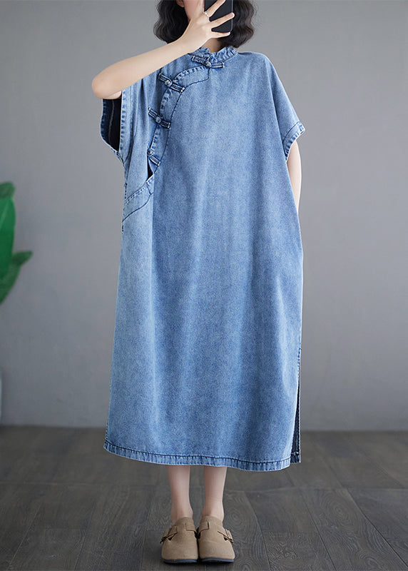Kleider Denim Ärmel Lose Leichte Stand Maxi Kragen Blau Kurz
