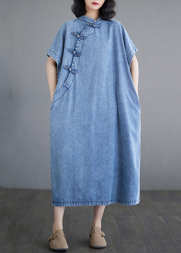 Kleider Denim Ärmel Lose Leichte Stand Maxi Kragen Blau Kurz