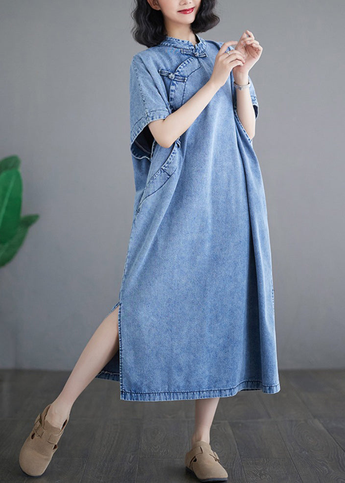 Kleider Denim Ärmel Lose Leichte Stand Maxi Kragen Blau Kurz
