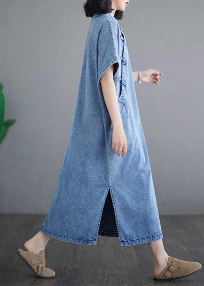 Kleider Denim Ärmel Lose Leichte Stand Maxi Kragen Blau Kurz