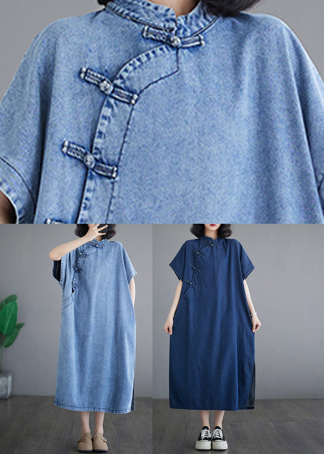 Kleider Denim Ärmel Lose Leichte Stand Maxi Kragen Blau Kurz