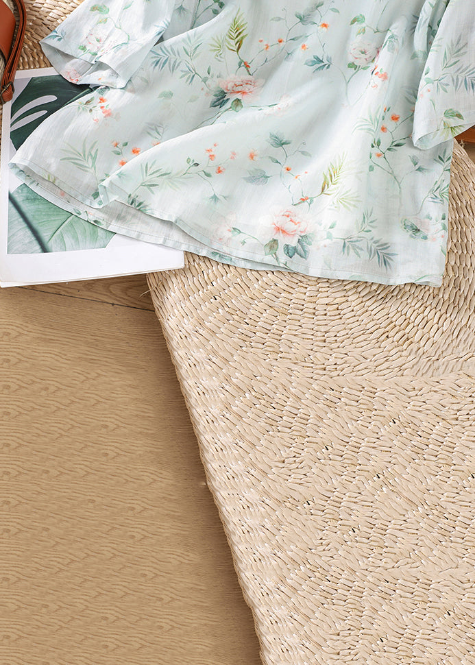 Lockere hellblaue Leinenhemden mit Stehkragen und Print, halbe Ärmel, JH057