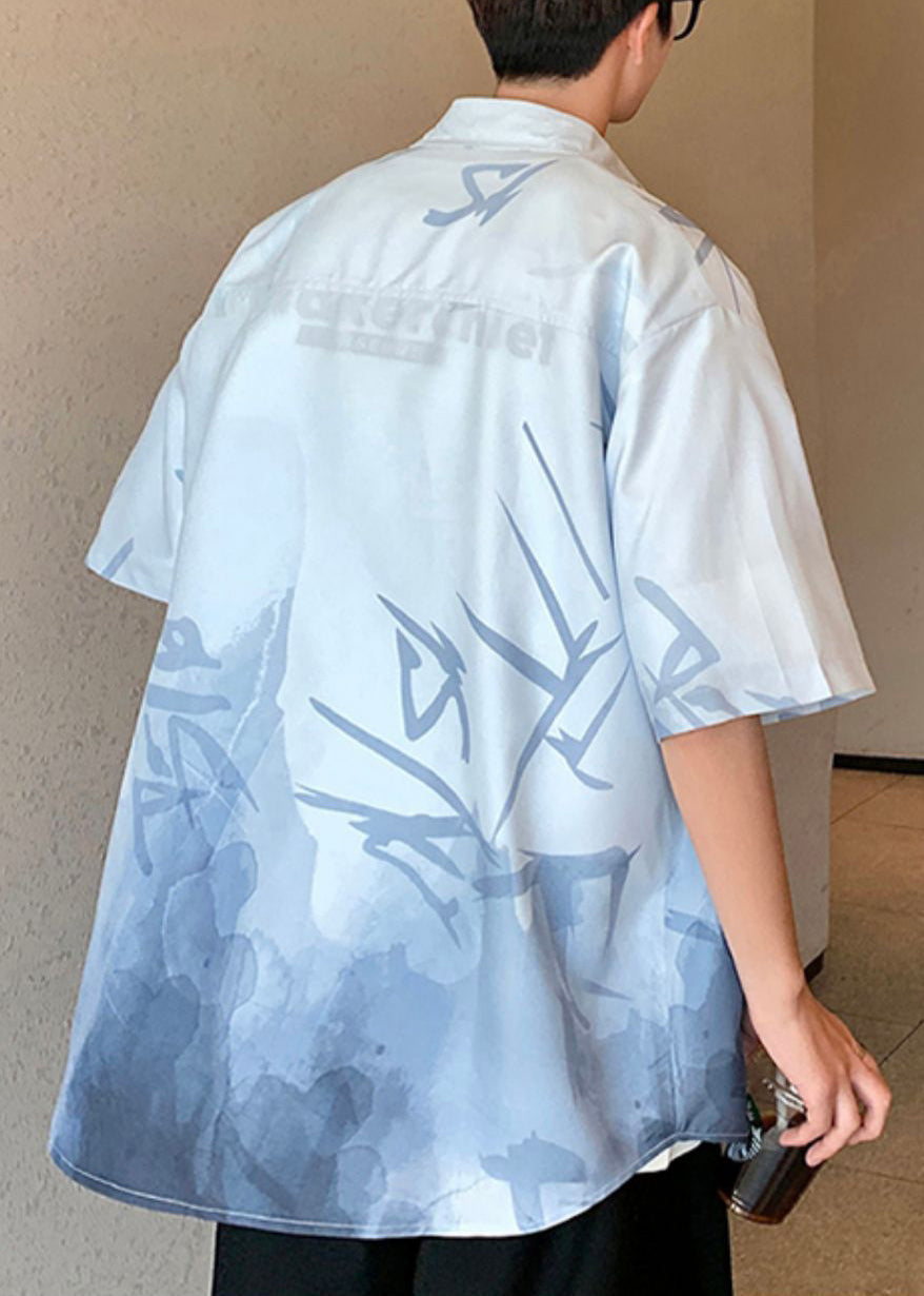 Chemises à boutons vertes pour hommes, dégradé de couleur, imprimé clair, soie, ample