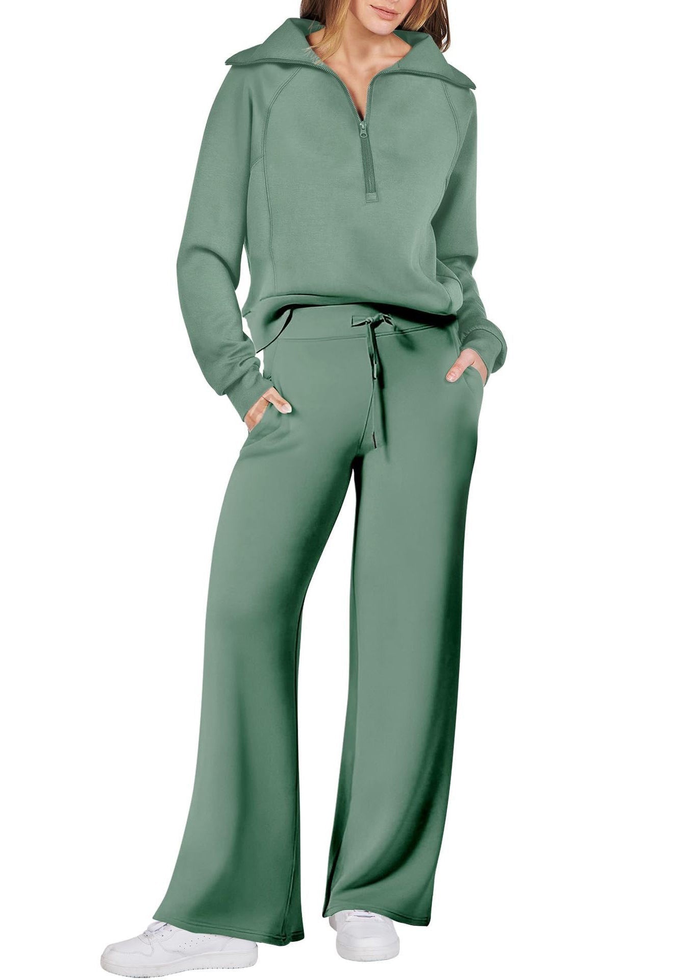 Pantalon ample en coton léger avec fermeture éclair et jambes larges, deux pantalons verts unis
