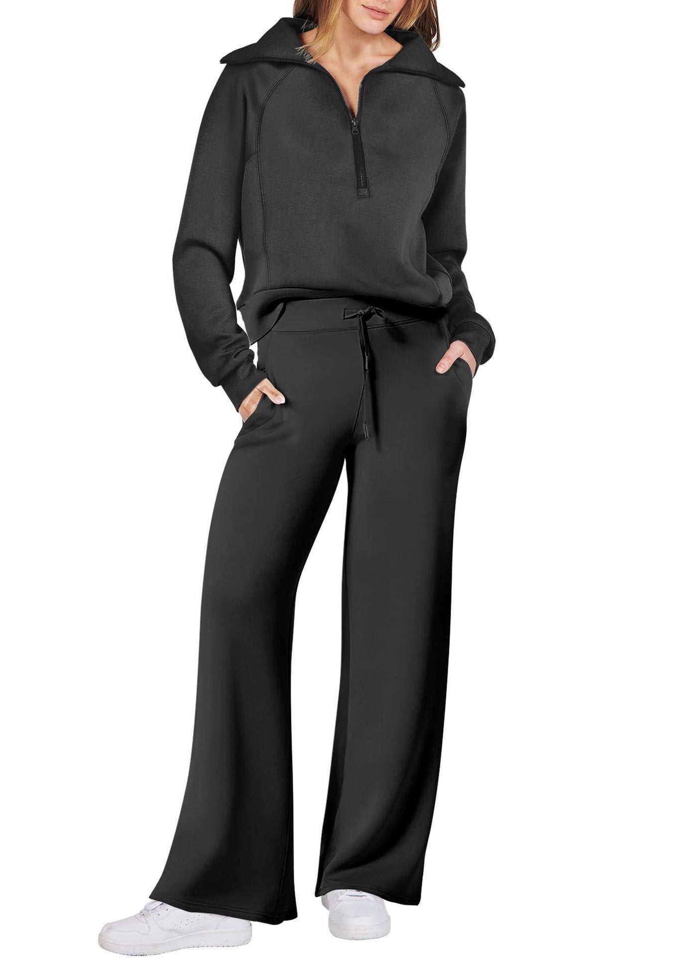 Pantalon ample en coton léger avec fermeture éclair et jambes larges, deux pantalons verts unis
