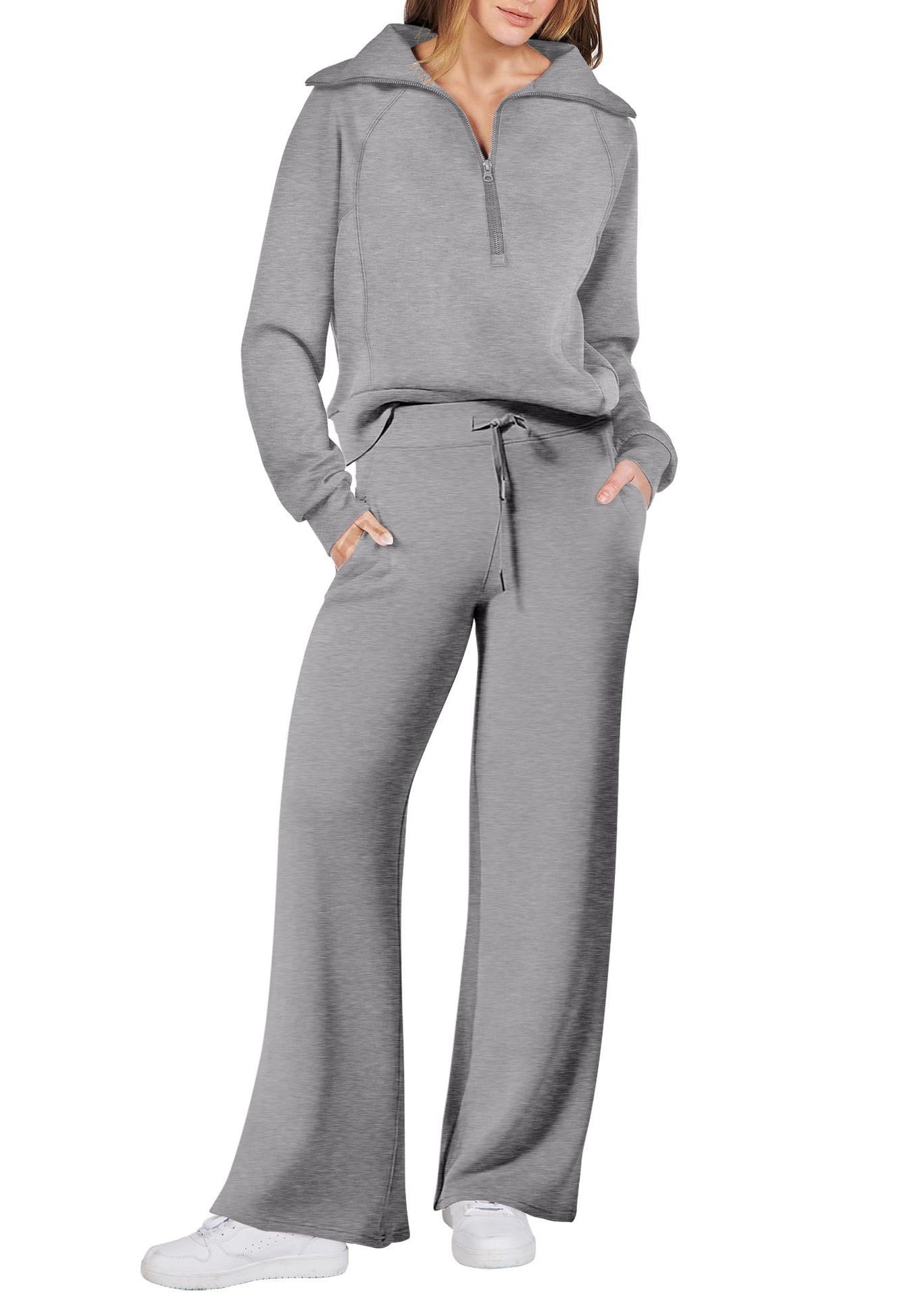 Pantalon ample en coton léger avec fermeture éclair et jambes larges, deux pantalons verts unis