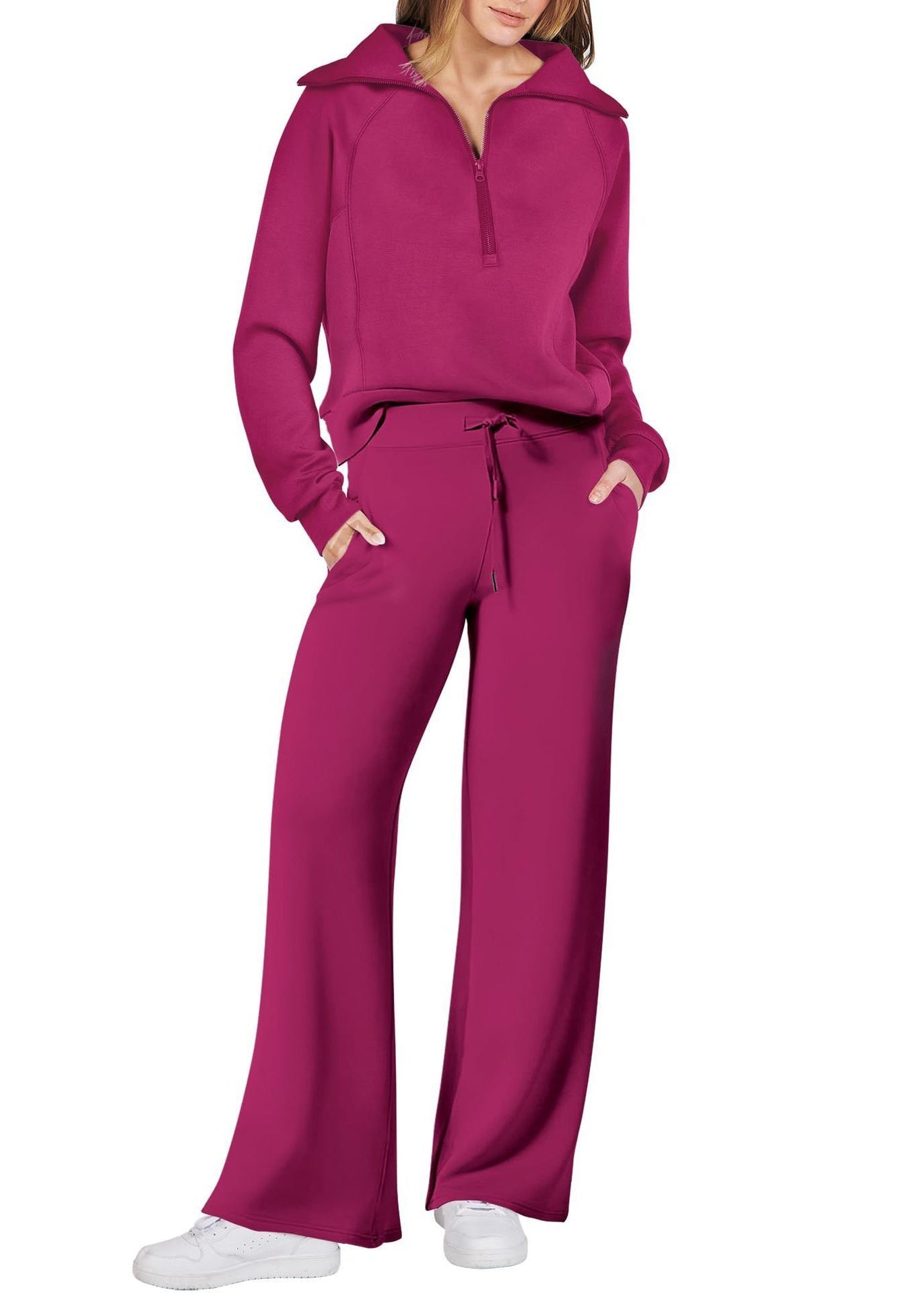 Pantalon ample en coton léger avec fermeture éclair et jambes larges, deux pantalons verts unis