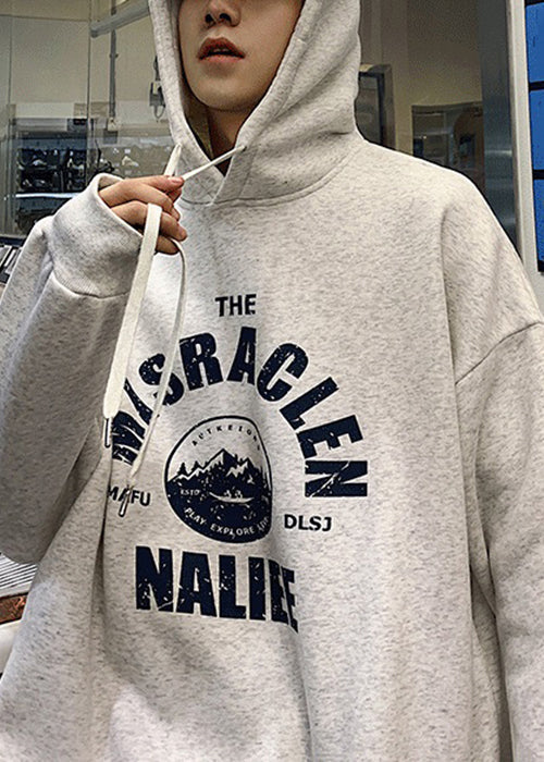 Lose Hellgraue Kapuzen-Sweatshirts mit Schnürung und Print, warmes Fleece, für Herren, Frühling, YQ034