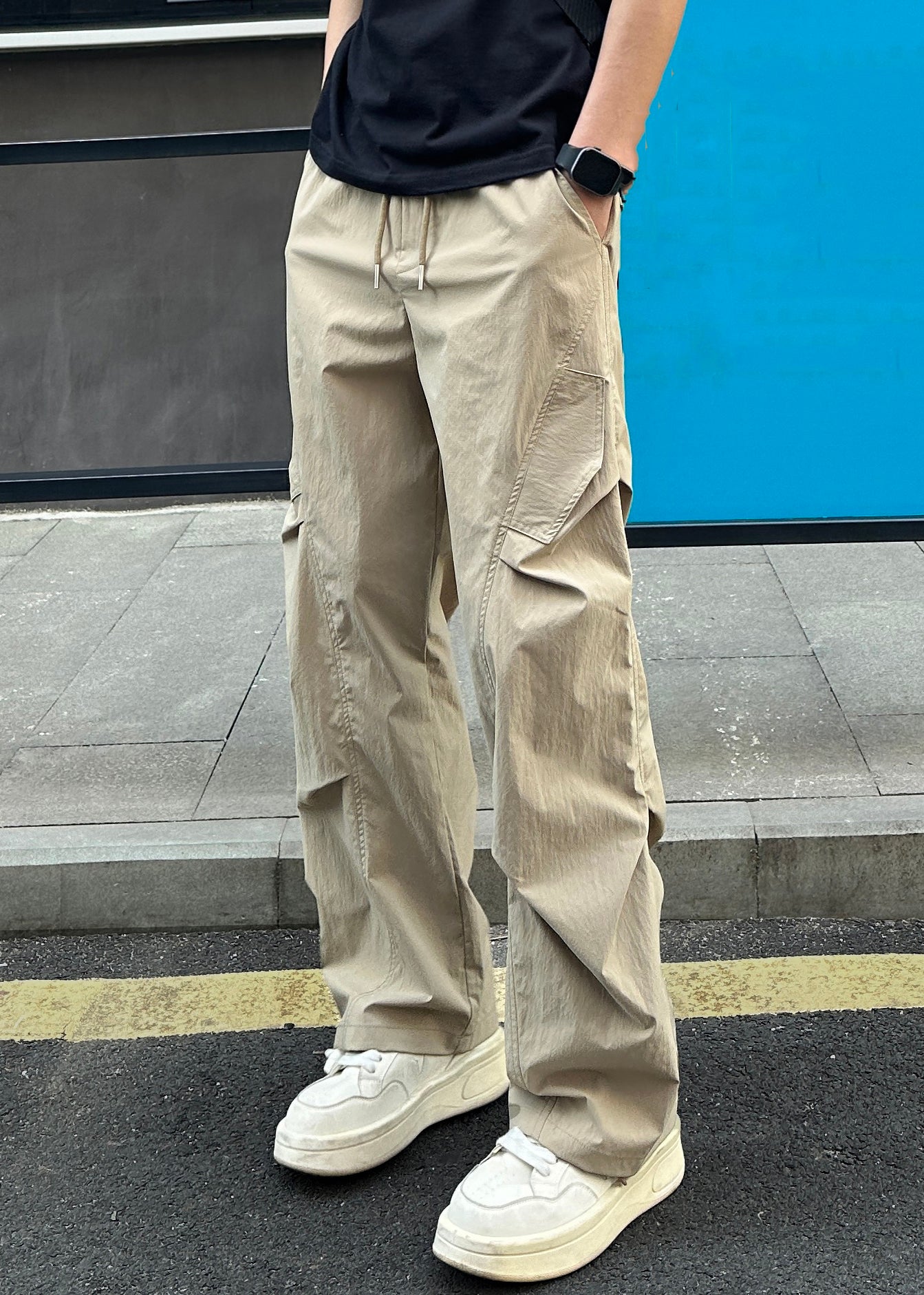 Elastische Männer Baumwolle Hellgrau Taschen Taille Lose Hosen