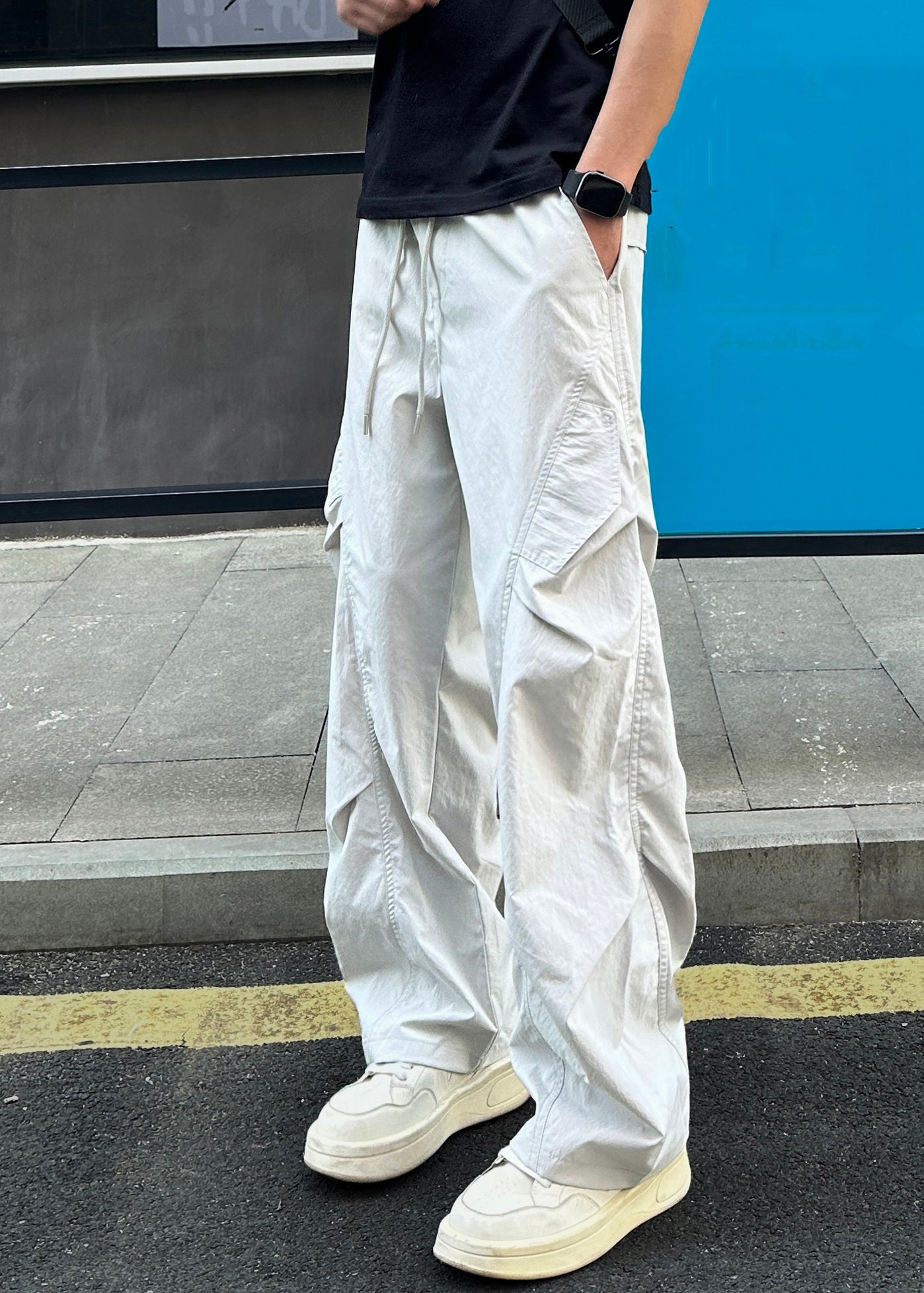 Elastische Männer Baumwolle Hellgrau Taschen Taille Lose Hosen
