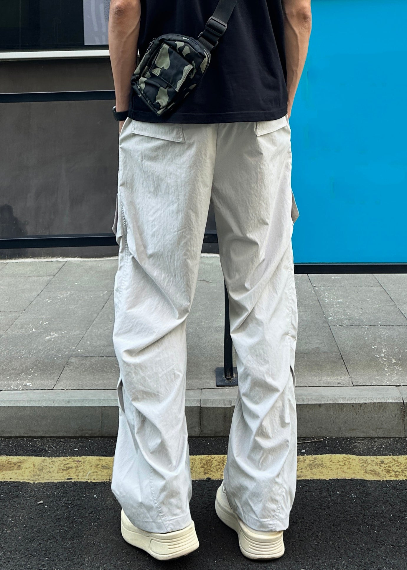 Elastische Männer Baumwolle Hellgrau Taschen Taille Lose Hosen