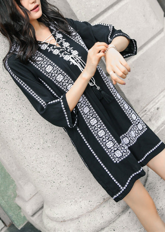 Dress Mid Cotton Sleeve Lace Embroidered Navy Loose Bracelet Up