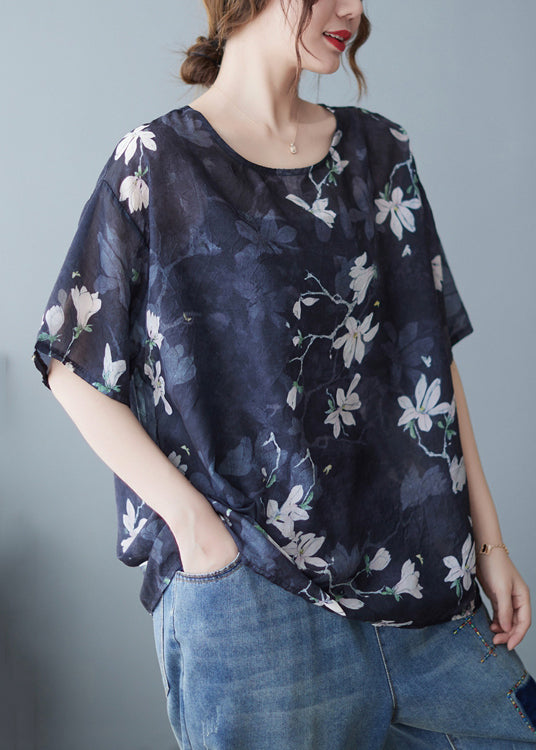 Loose Navy O Neck Print Linen T Shirts Summer JH020