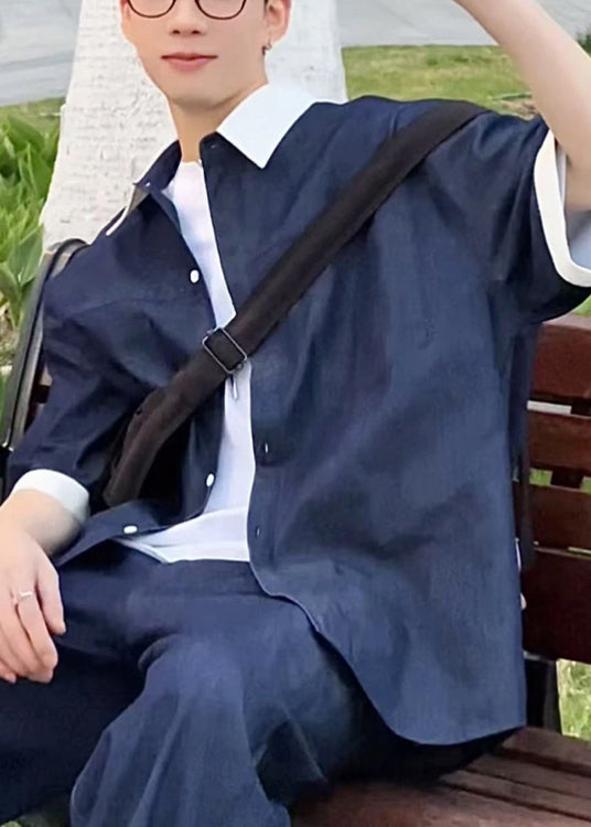 Herren Denim Patchwork Lose Navy Peter Shirts Sommer Pan Kragen