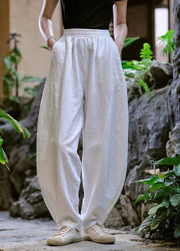 Pantalon en lin bleu marine ample avec poches et taille élastique pour l'été QK008
