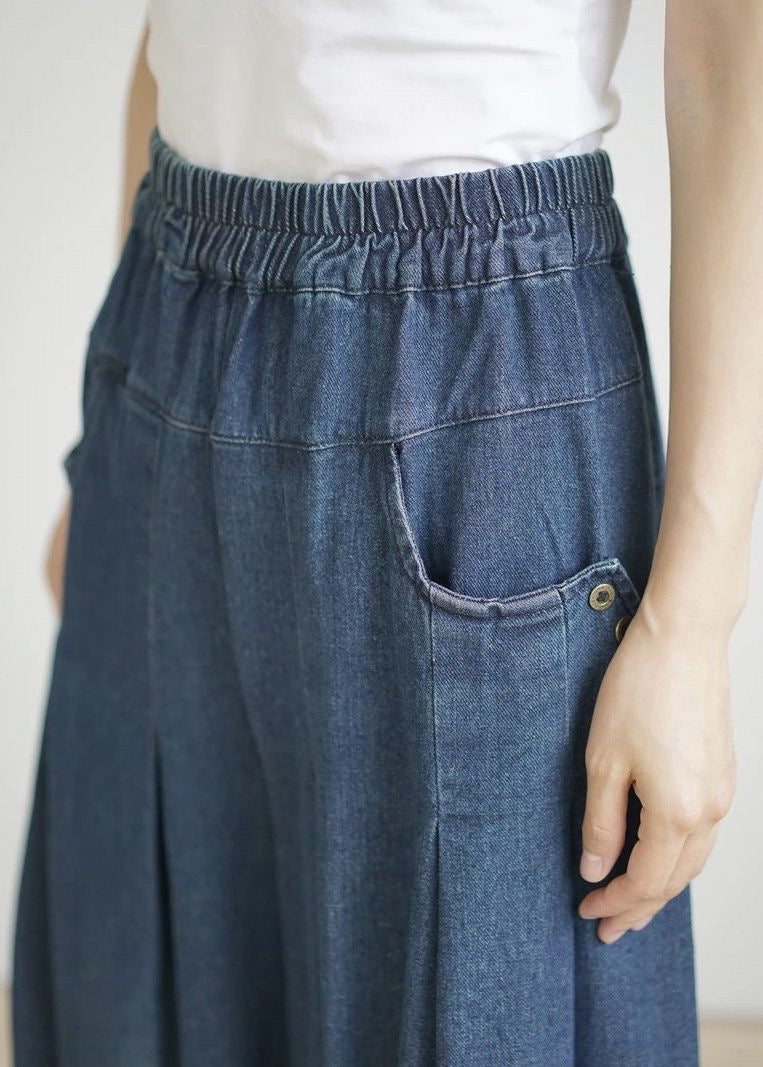 Pantalon large en denim froissé avec poches bleu marine amples pour l'été BV084