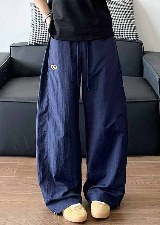 Pantalon élastique bleu marine ample été taille unie coton homme