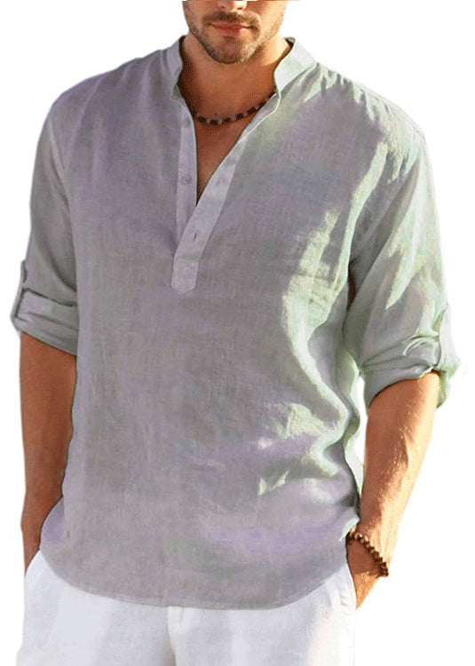 Cotton Navy Fall Loose Collar Shirts Button Solid Stand Mens