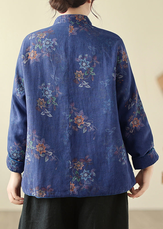 Lockere, marineblaue Parkas mit Stehkragen und chinesischem Knopf, mit Baumwollfüllung, Winter QO060