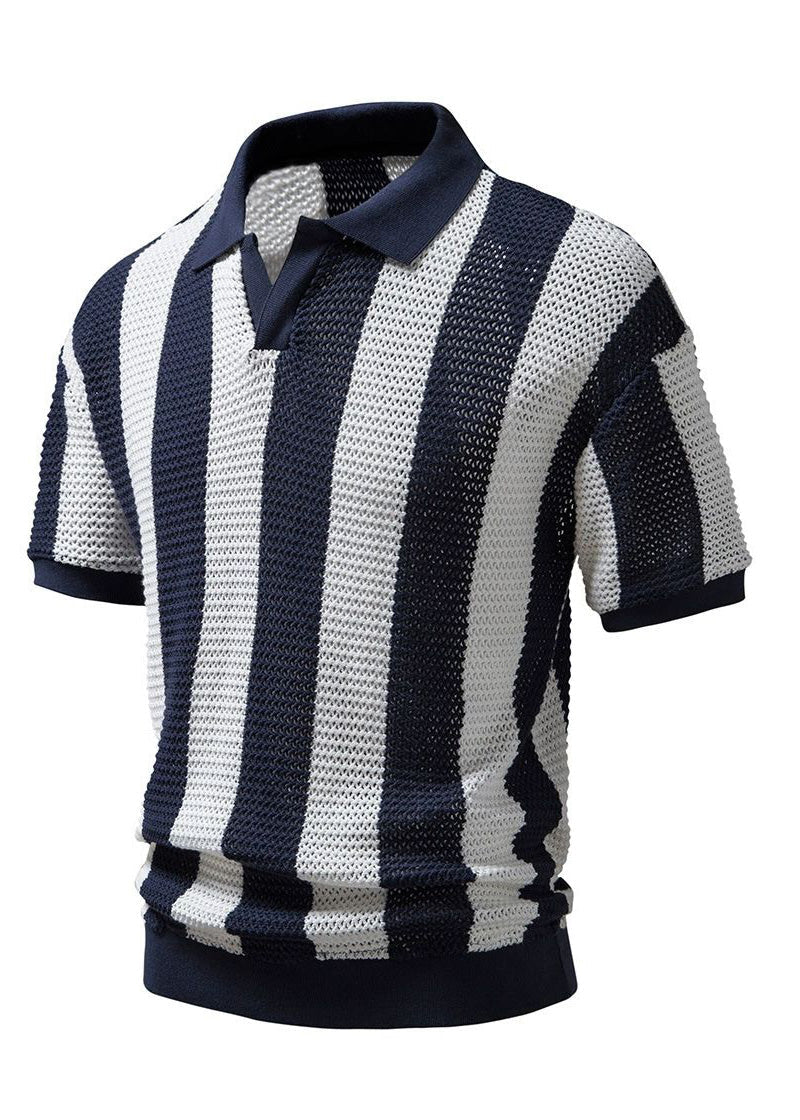 Striped Shirt Polo Knit And Loose Men Hollow Navy Out