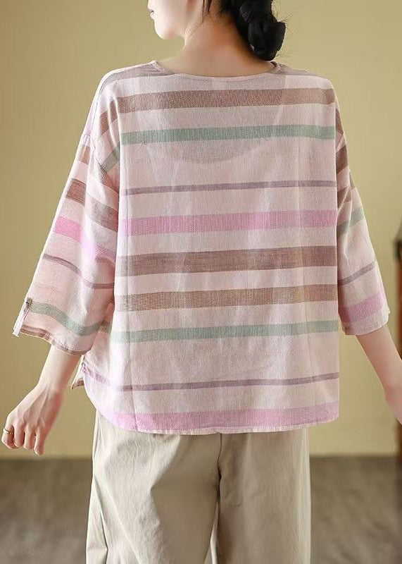 T-shirt en lin confortable, ample, rayé, col en T, manches