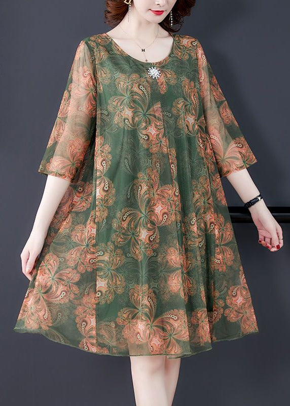 Loose Orange O Neck Print Tulle Dress Summer OP1083