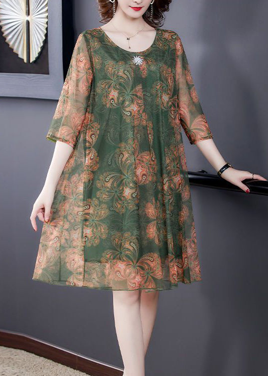 Loose Orange O Neck Print Tulle Dress Summer OP1083