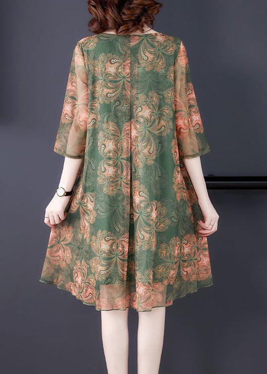 Loose Orange O Neck Print Tulle Dress Summer OP1083