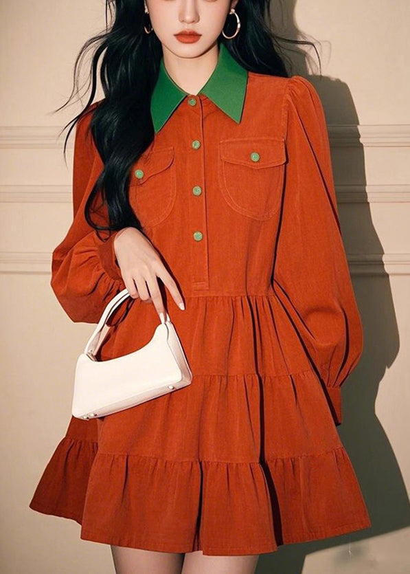 Kleid Pan Orange Frühling Knopf Cord Peter Shirts Lose Kragen