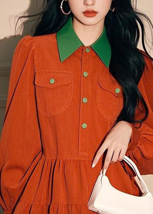 Kleid Pan Orange Frühling Knopf Cord Peter Shirts Lose Kragen