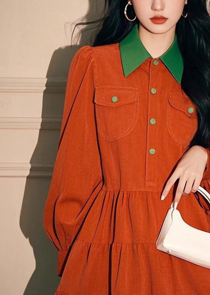 Kleid Pan Orange Frühling Knopf Cord Peter Shirts Lose Kragen