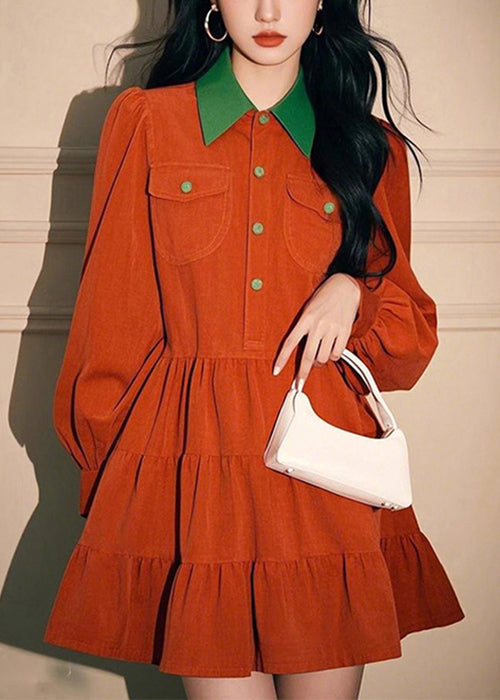 Kleid Pan Orange Frühling Knopf Cord Peter Shirts Lose Kragen