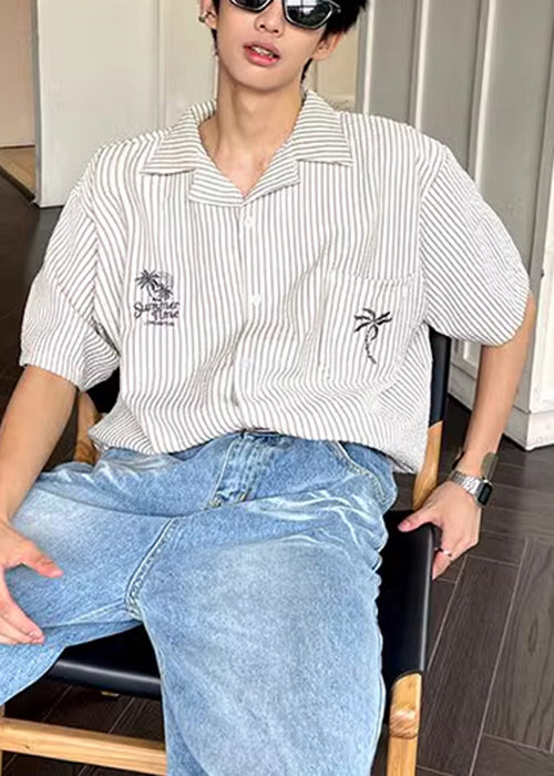 Chemises d'été à col pour hommes, rayures, Peter, amples, en coton, avec poches