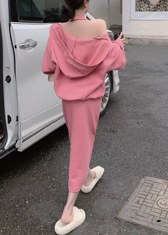 Lose Rosa Kapuzen Taschen Tops Und Kleid Baumwolle Zwei Stücke Set Frühling YT001