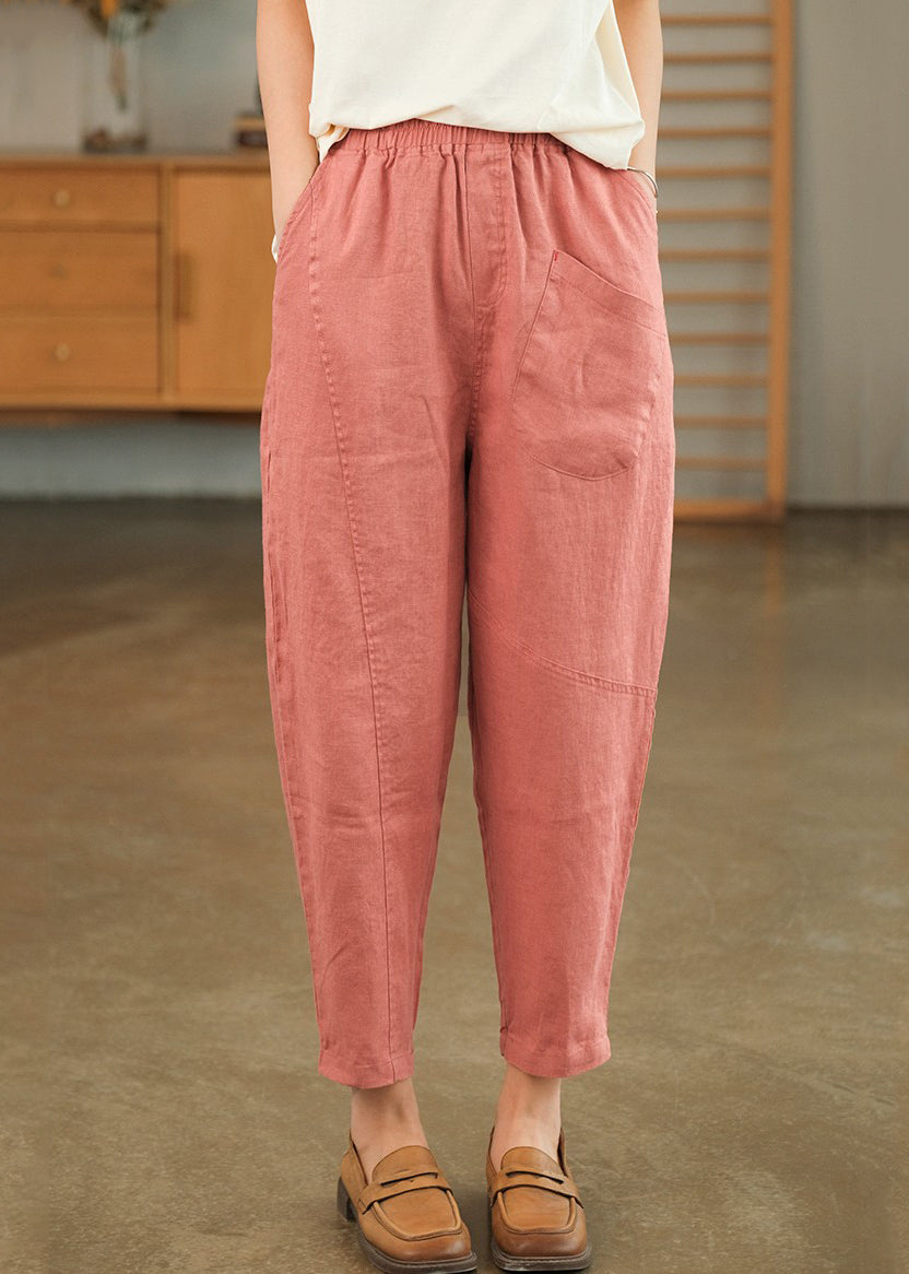 Sommer Crop Loose Pants Solid Leinen Rosa Taschen