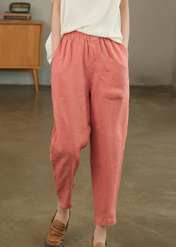 Sommer Crop Loose Pants Solid Leinen Rosa Taschen