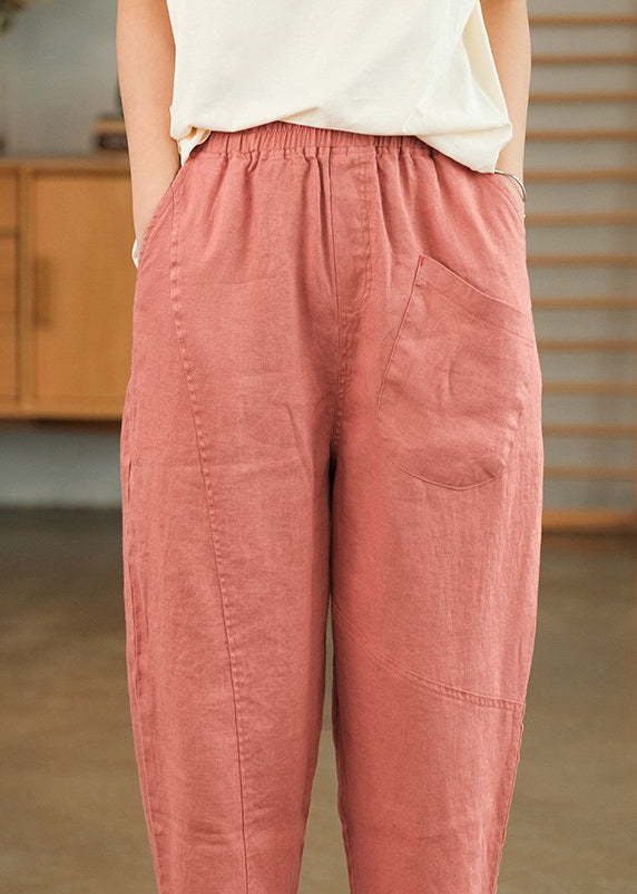 Sommer Crop Loose Pants Solid Leinen Rosa Taschen