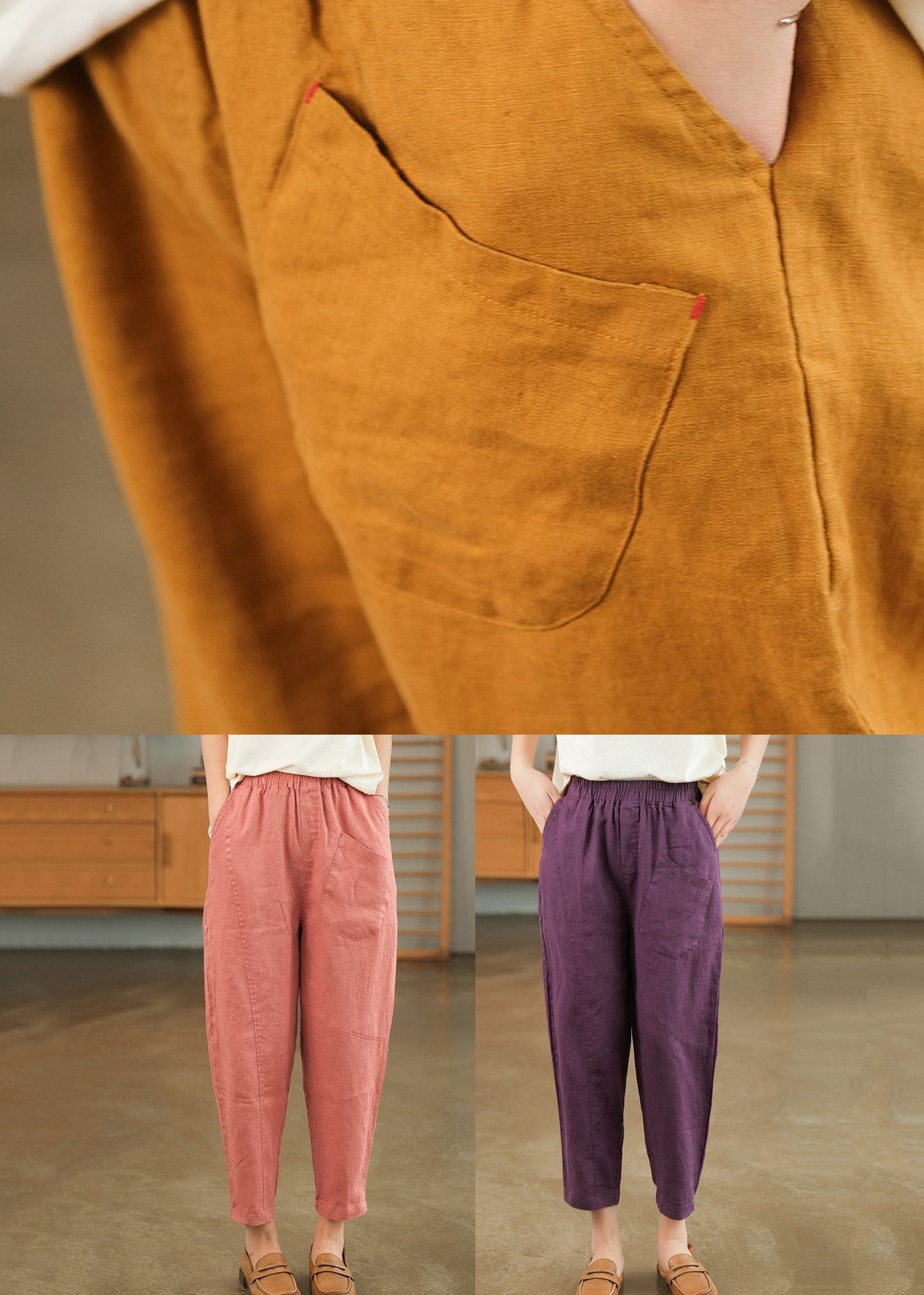 Sommer Crop Loose Pants Solid Leinen Rosa Taschen