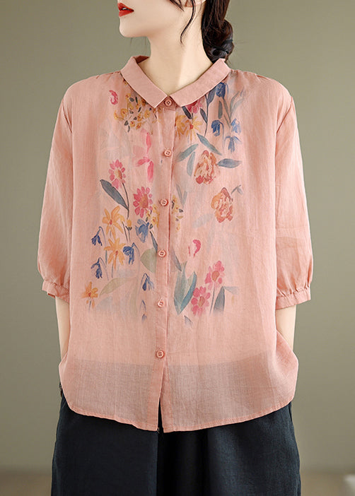 Loose Blouses Sleeve Half Button Pink Linen Print
