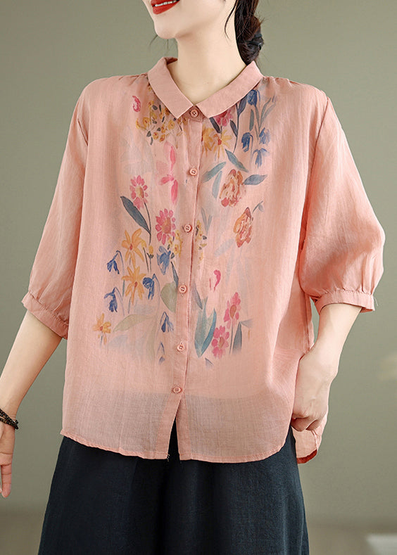 Loose Blouses Sleeve Half Button Pink Linen Print