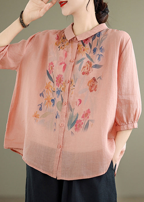 Loose Blouses Sleeve Half Button Pink Linen Print