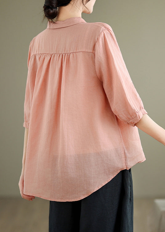 Loose Blouses Sleeve Half Button Pink Linen Print